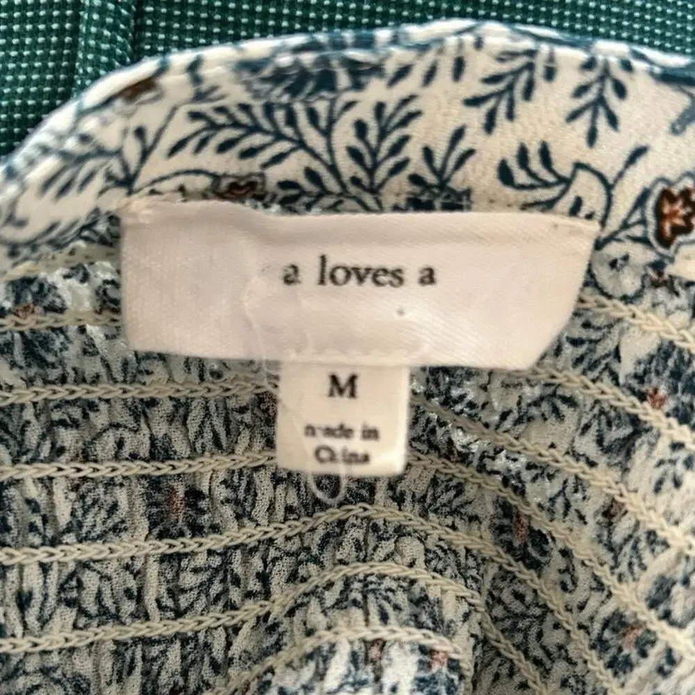 A Loves A Floral Peasant Blouse Medium Blue Boho Smocked Long Sleeve Viscose Top - Picture 5 of 9